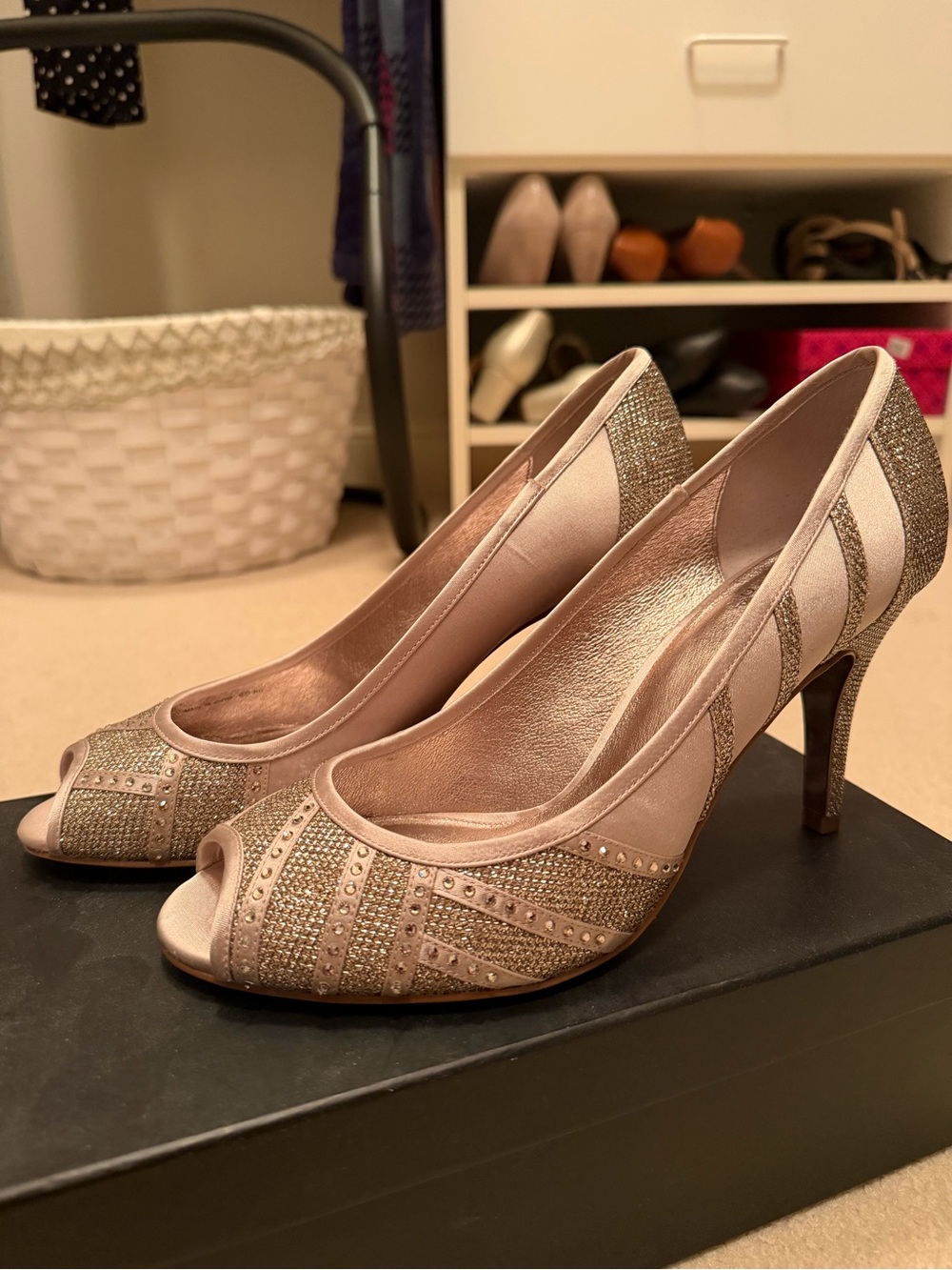 Women's Sparkle Peep-Toe High Heels in Rose Gold